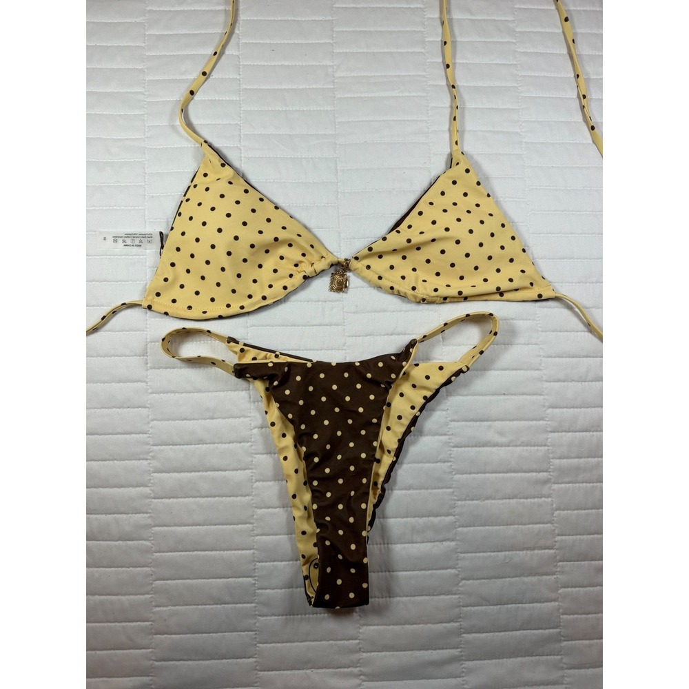 Brown Butter Yellow Polka Dot Reversible Triangle Bikini Set High Leg Small - Picture 2 of 4